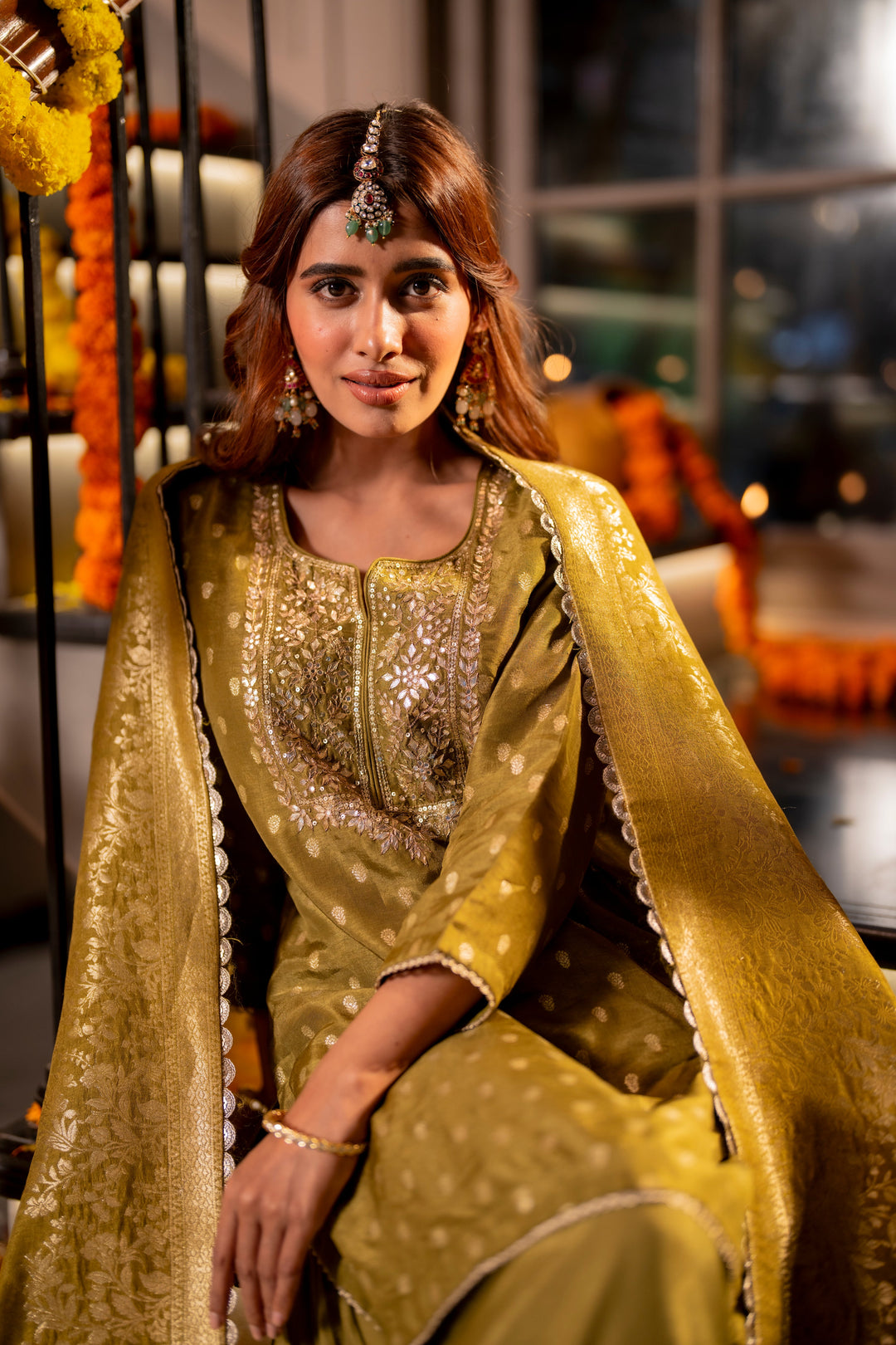 Mehendi Green Banarasi with Gota Work Sharara Set - SET OF-3 | SHOBITAM