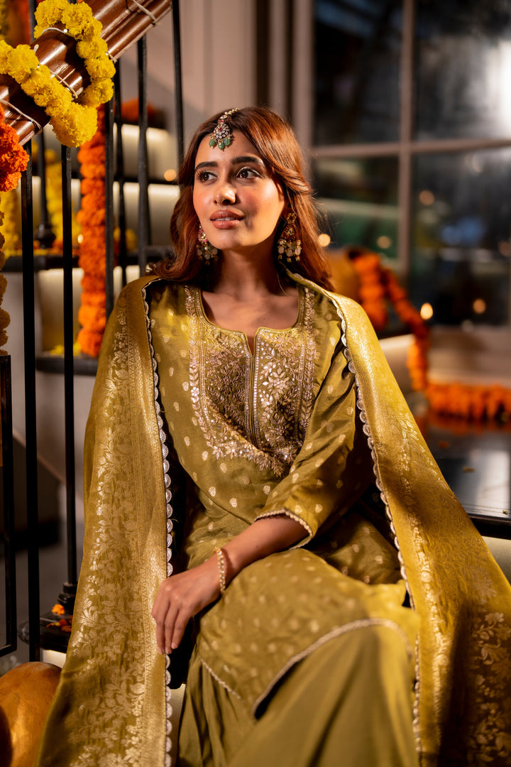 Mehendi Green Banarasi with Gota Work Sharara Set - SET OF-3 | SHOBITAM