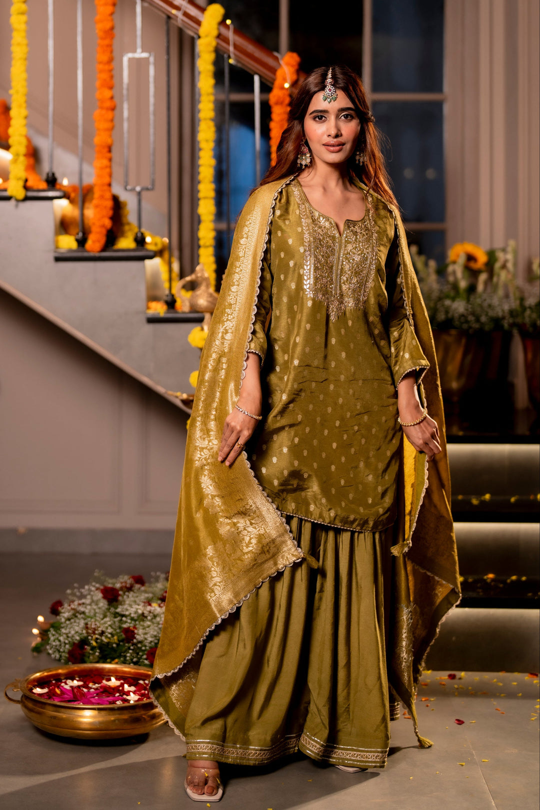 Mehendi Green Banarasi with Gota Work Sharara Set - SET OF-3 | SHOBITAM