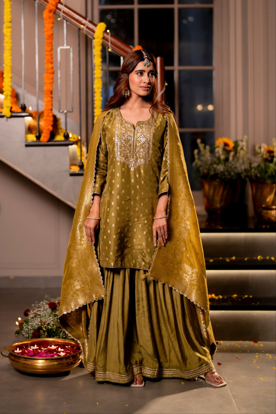 Mehendi Green Banarasi with Gota Work Sharara Set - SET OF-3 | SHOBITAM