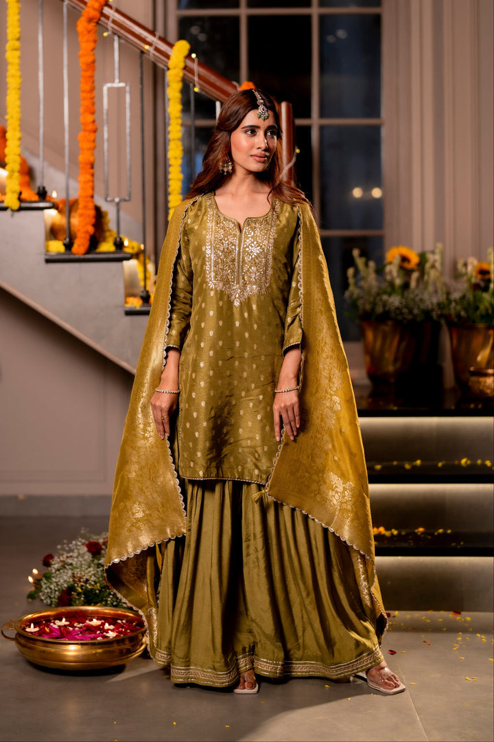 Mehendi Green Banarasi with Gota Work Sharara Set - SET OF-3 | SHOBITAM