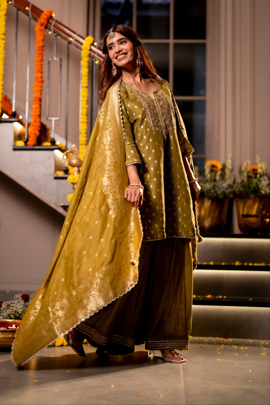 Mehendi Green Banarasi with Gota Work Sharara Set - SET OF-3 | SHOBITAM