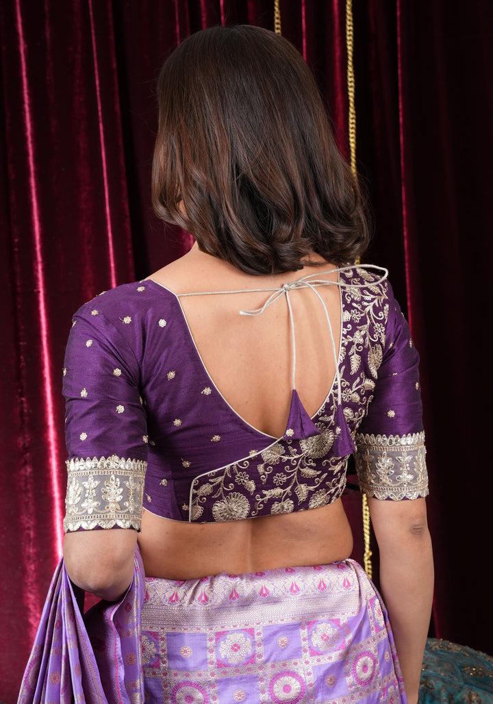 Jamuni Purple Butta and Jaal Leafneck two fabric blouse, Made to Order