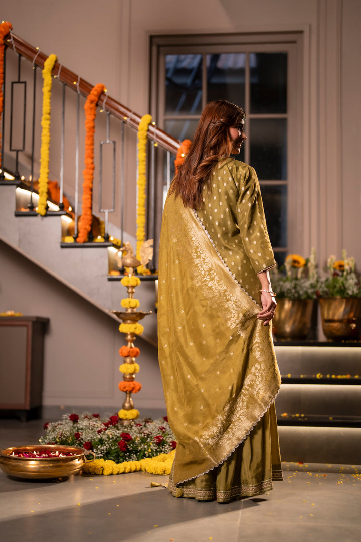 Mehendi Green Banarasi with Gota Work Sharara Set - SET OF-3 | SHOBITAM
