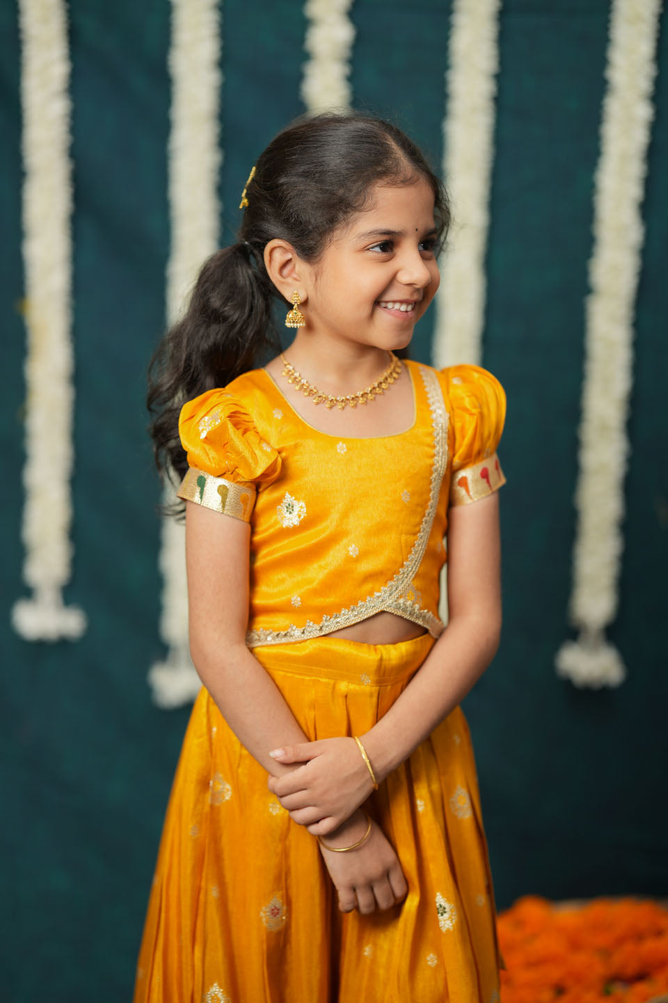 Maithiri yellow Silk Kids Lehenga Set mini | SHOBITAM