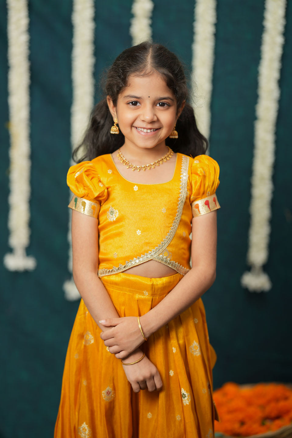 Maithiri yellow Silk Kids Lehenga Set mini | SHOBITAM