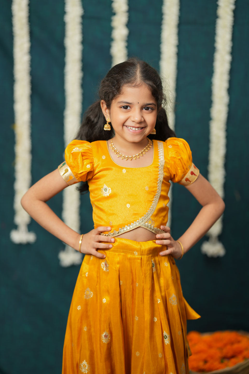 Maithiri yellow Silk Kids Lehenga Set mini | SHOBITAM