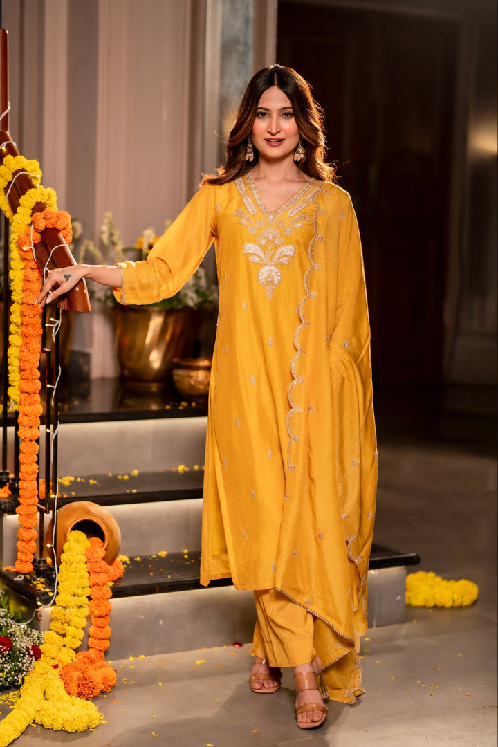 Yellow Marodi with Thread Work Mul Chanderi Suit Set with Scallop Marodi Work Dupatta- SET OF-3 | SHOBITAM
