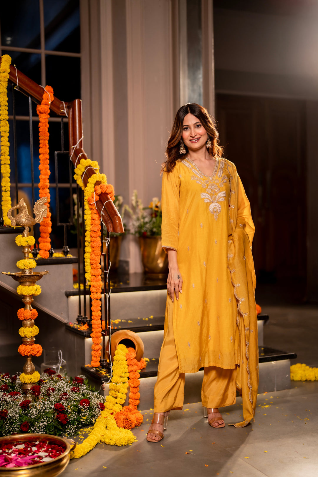 Yellow Marodi with Thread Work Mul Chanderi Suit Set with Scallop Marodi Work Dupatta- SET OF-3 | SHOBITAM