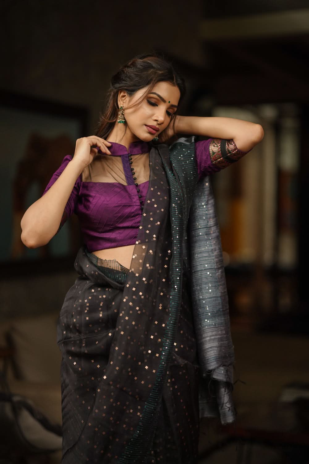 Grape rawsilk pintuck collar neck blouse with black net yoke, Made to Order