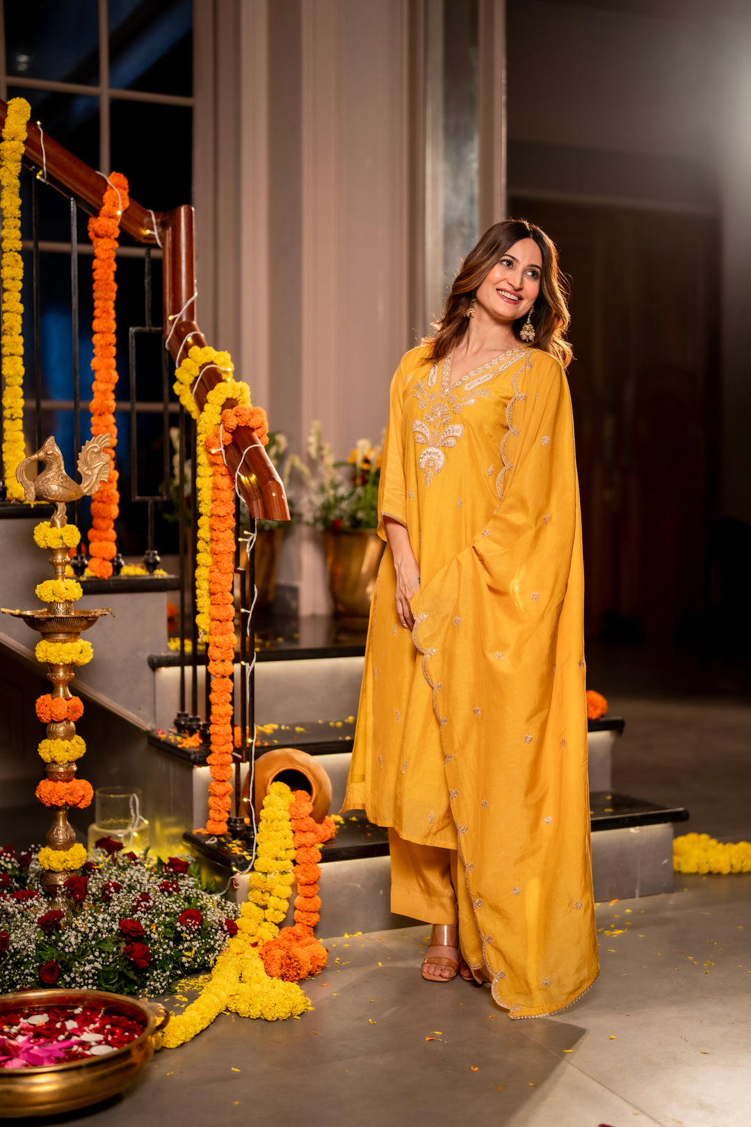 Yellow Marodi with Thread Work Mul Chanderi Suit Set with Scallop Marodi Work Dupatta- SET OF-3 | SHOBITAM