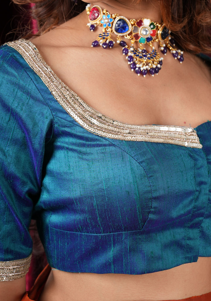Peacock Blue Pure Raw Silk Blouse with Cutwork detailing, hand zardosi work, Made to Order