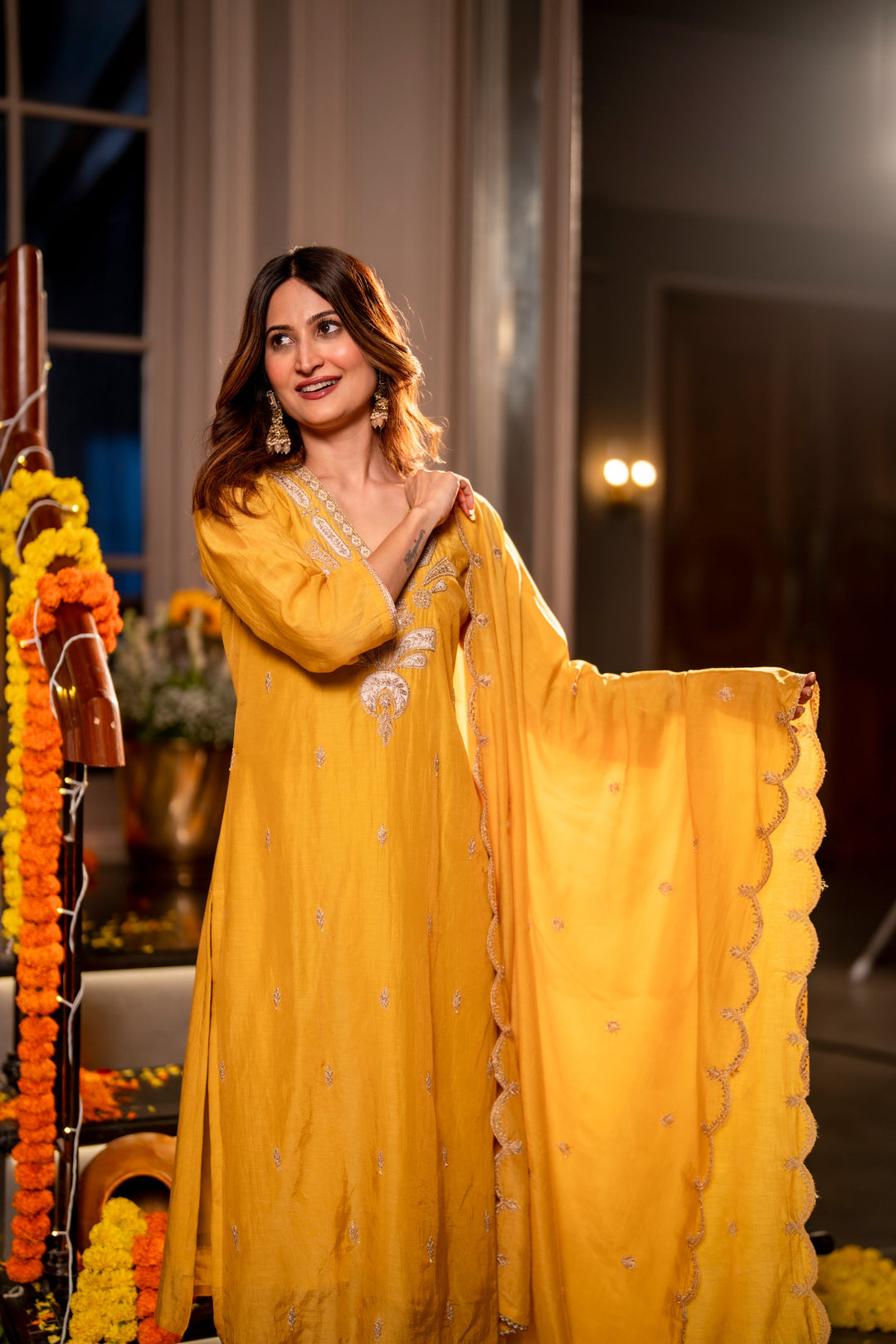 Yellow Marodi with Thread Work Mul Chanderi Suit Set with Scallop Marodi Work Dupatta- SET OF-3 | SHOBITAM