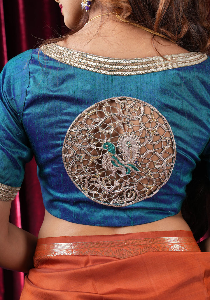 Peacock Blue Pure Raw Silk Blouse with Cutwork detailing, hand zardosi work, Made to Order