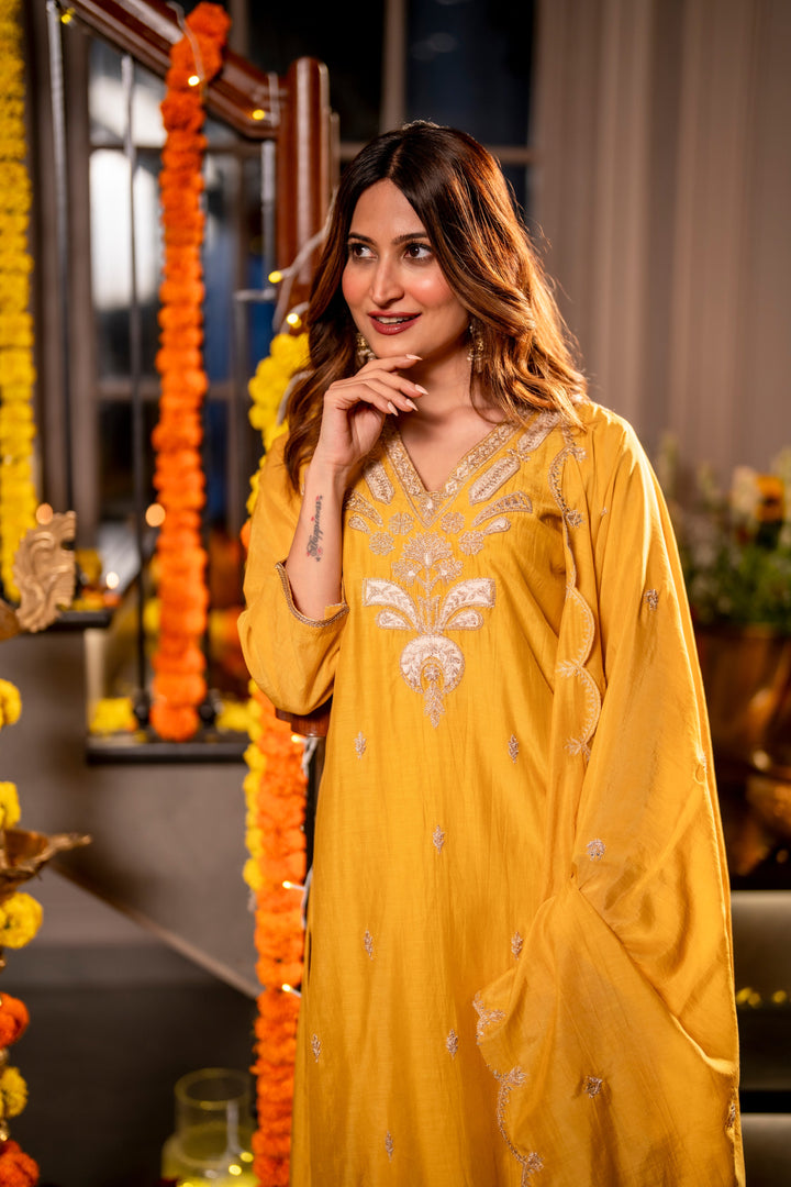 Yellow Marodi with Thread Work Mul Chanderi Suit Set with Scallop Marodi Work Dupatta- SET OF-3 | SHOBITAM