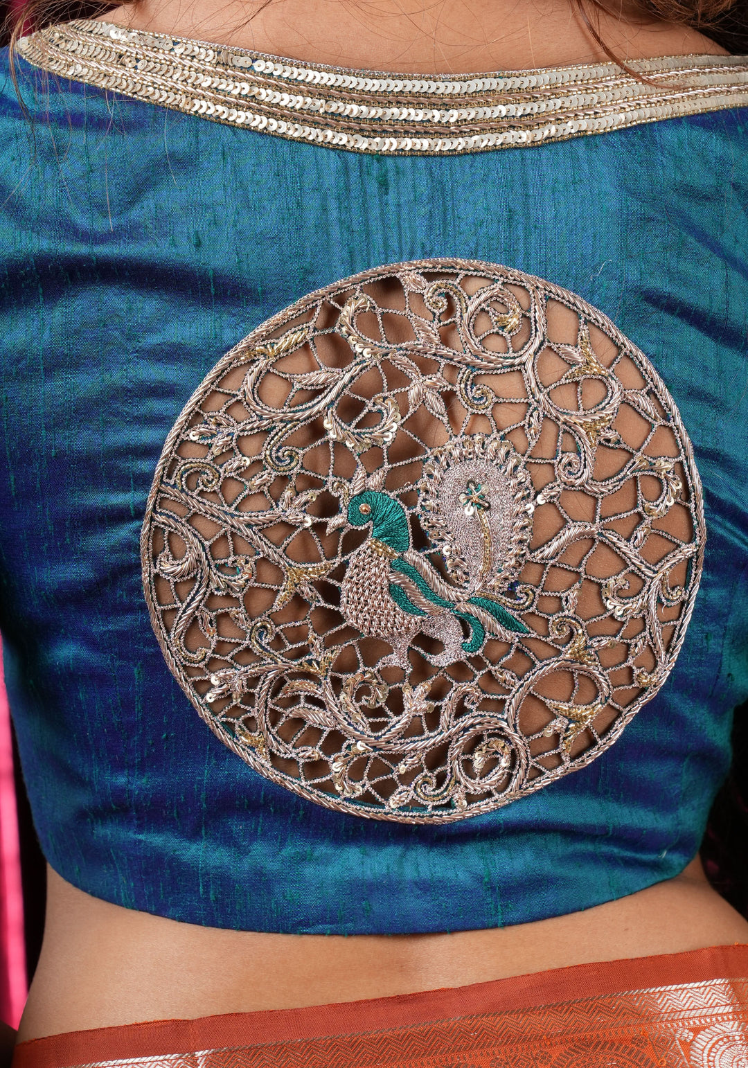 Peacock Blue Pure Raw Silk Blouse with Cutwork detailing, hand zardosi work, Made to Order