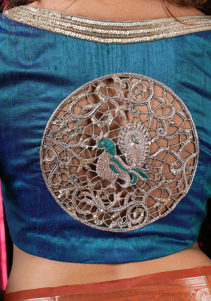 Peacock Blue Pure Raw Silk Blouse with Cutwork detailing, hand zardosi work, Made to Order