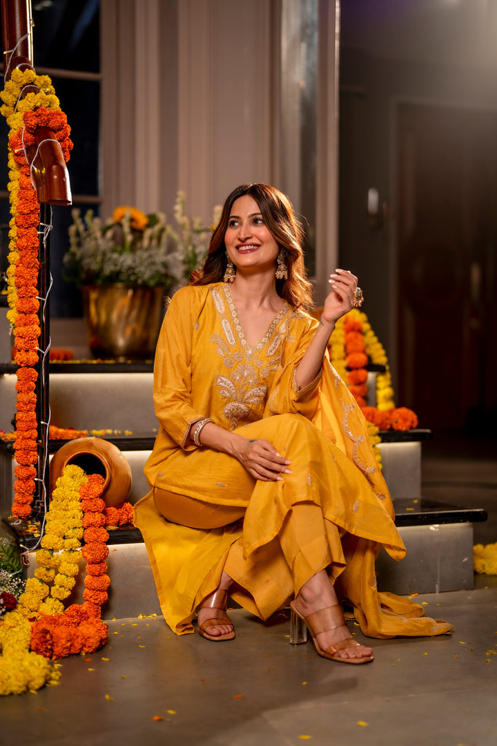 Yellow Marodi with Thread Work Mul Chanderi Suit Set with Scallop Marodi Work Dupatta- SET OF-3 | SHOBITAM