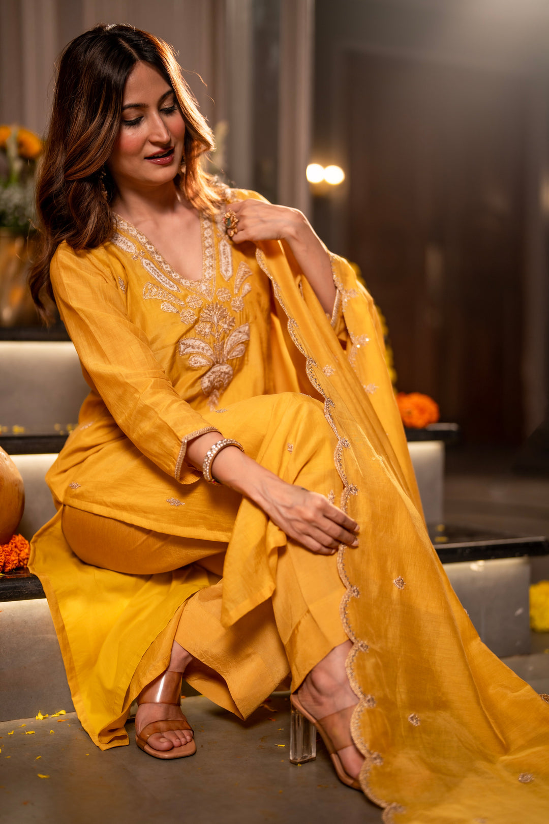 Yellow Marodi with Thread Work Mul Chanderi Suit Set with Scallop Marodi Work Dupatta- SET OF-3 | SHOBITAM