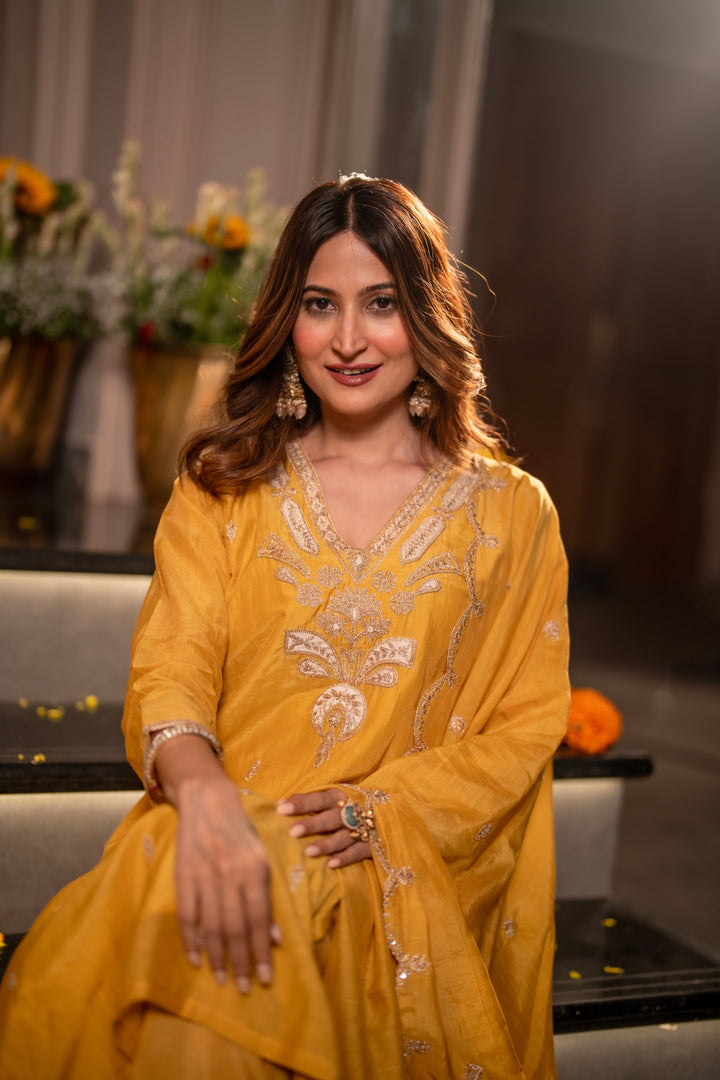 Yellow Marodi with Thread Work Mul Chanderi Suit Set with Scallop Marodi Work Dupatta- SET OF-3 | SHOBITAM