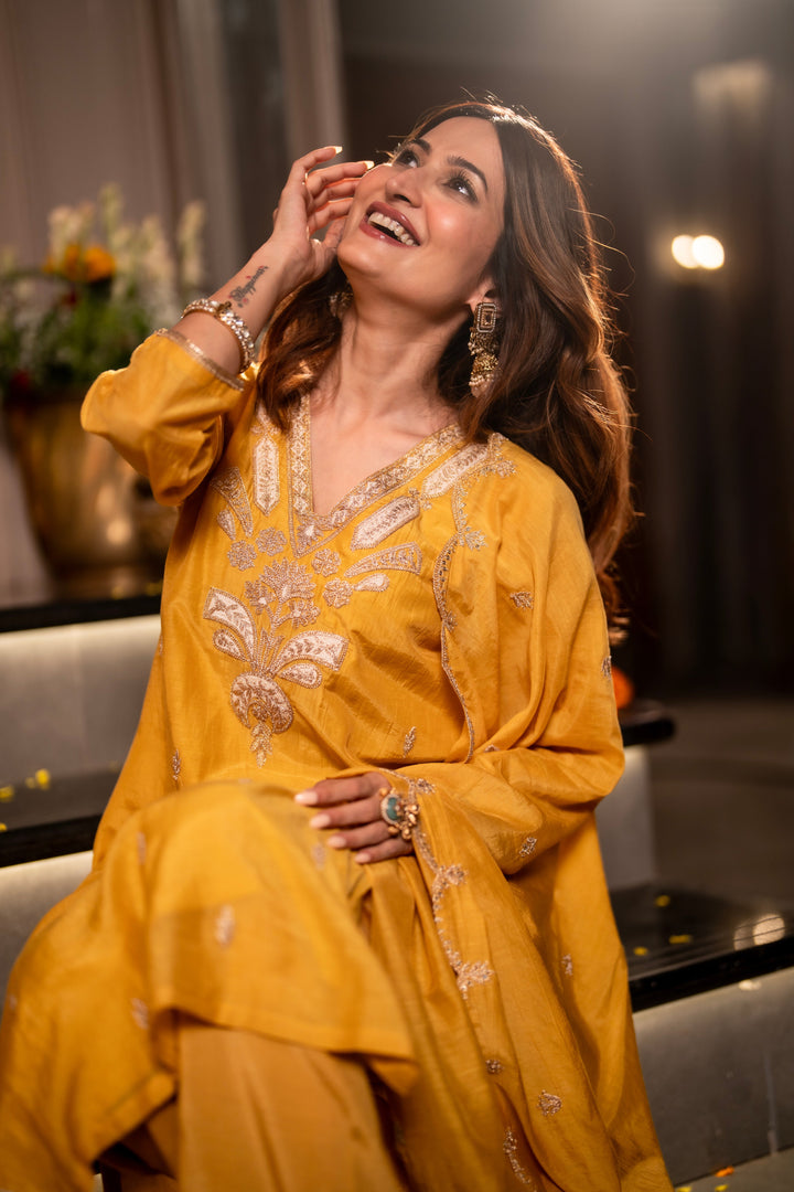 Yellow Marodi with Thread Work Mul Chanderi Suit Set with Scallop Marodi Work Dupatta- SET OF-3 | SHOBITAM