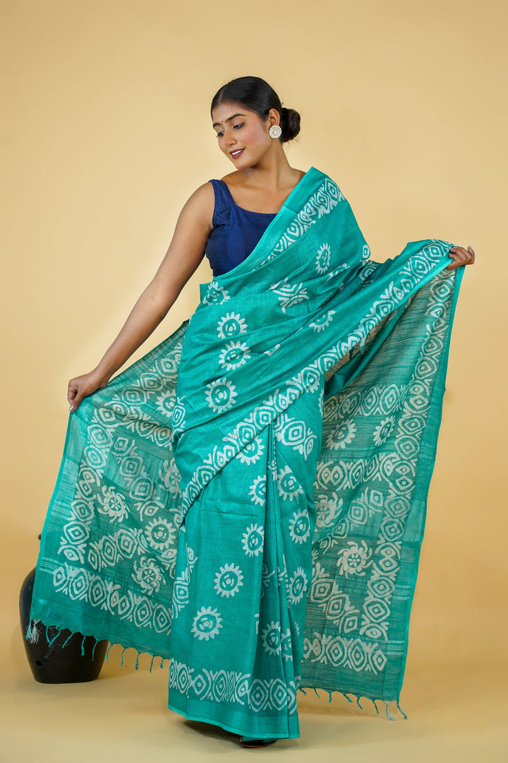 Teal Cotton Saree with Lovely Batik Print