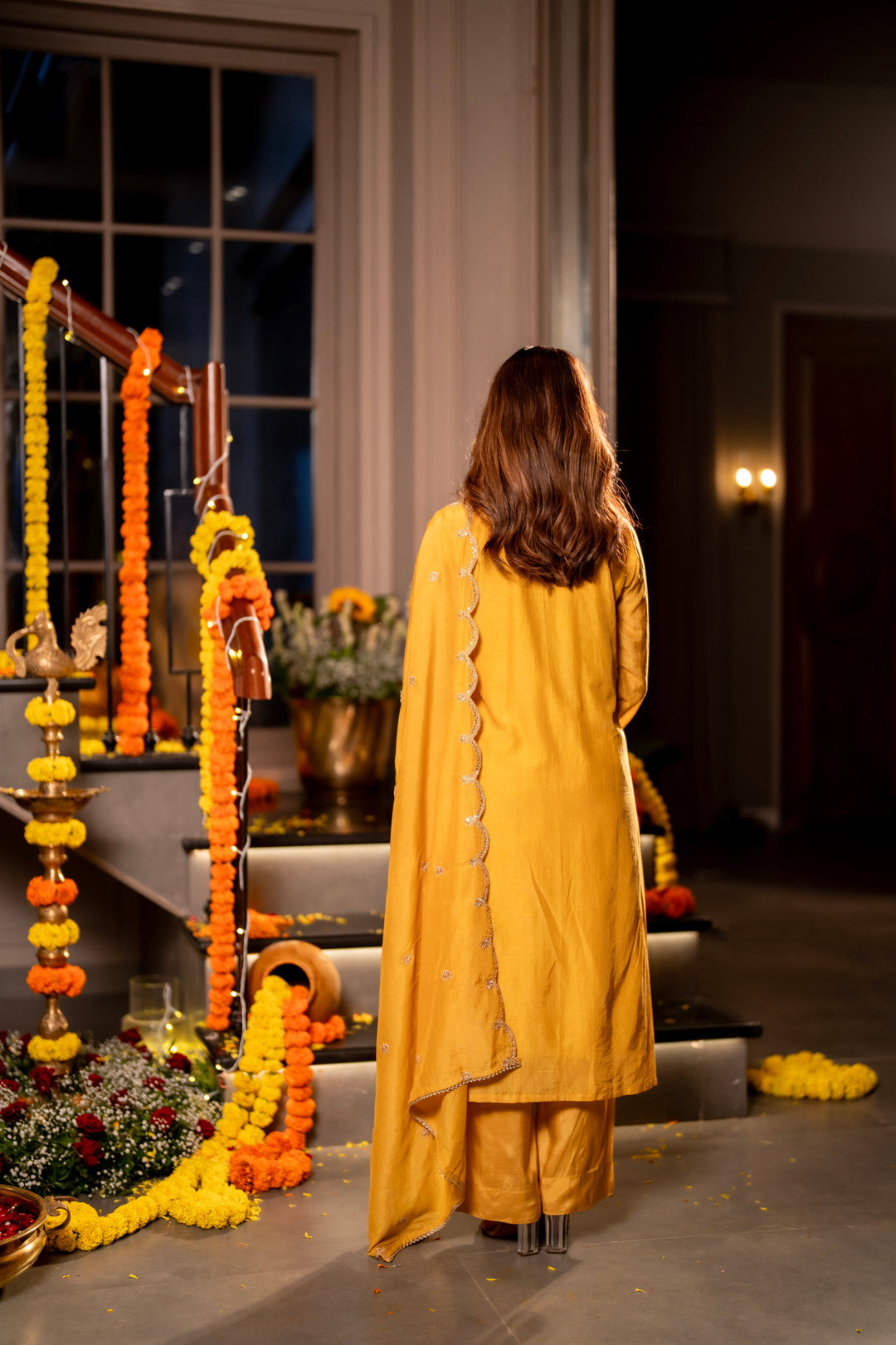 Yellow Marodi with Thread Work Mul Chanderi Suit Set with Scallop Marodi Work Dupatta- SET OF-3 | SHOBITAM