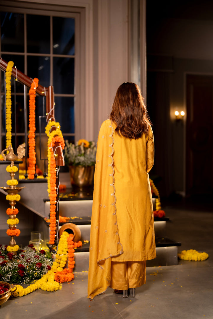Yellow Marodi with Thread Work Mul Chanderi Suit Set with Scallop Marodi Work Dupatta- SET OF-3 | SHOBITAM