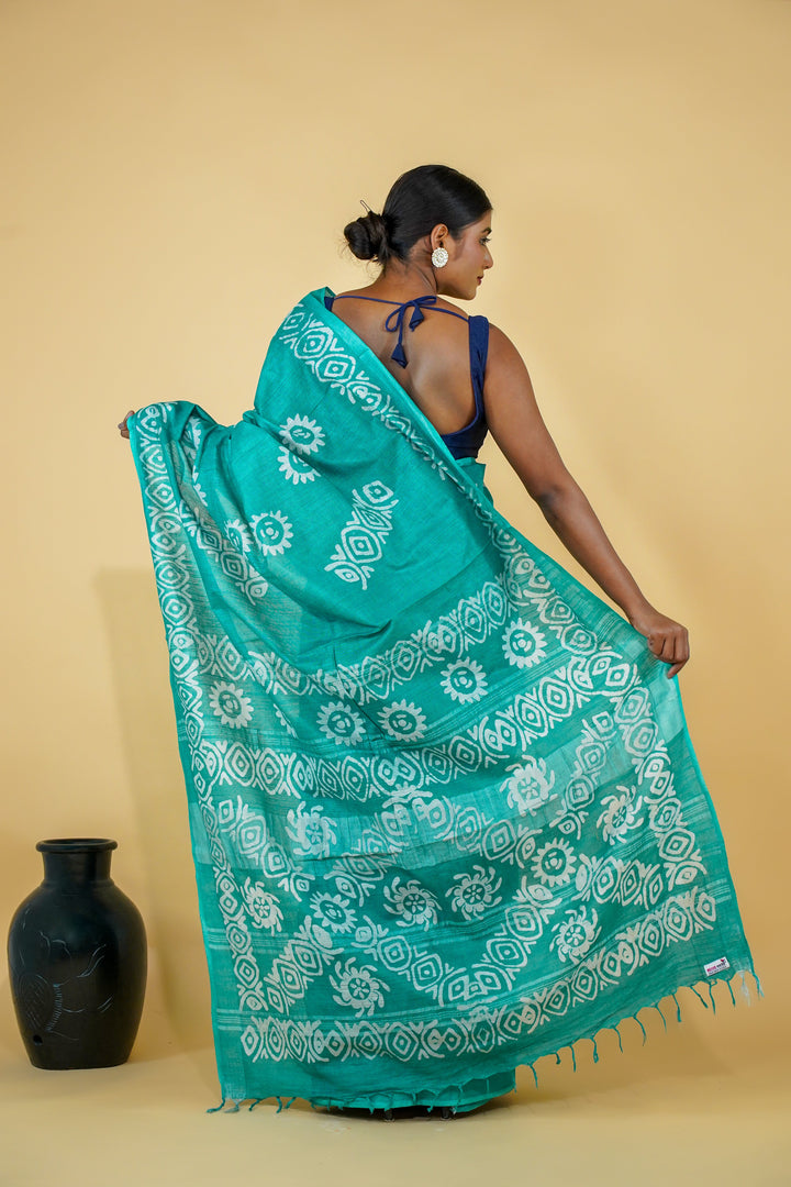 Teal Cotton Saree with Lovely Batik Print