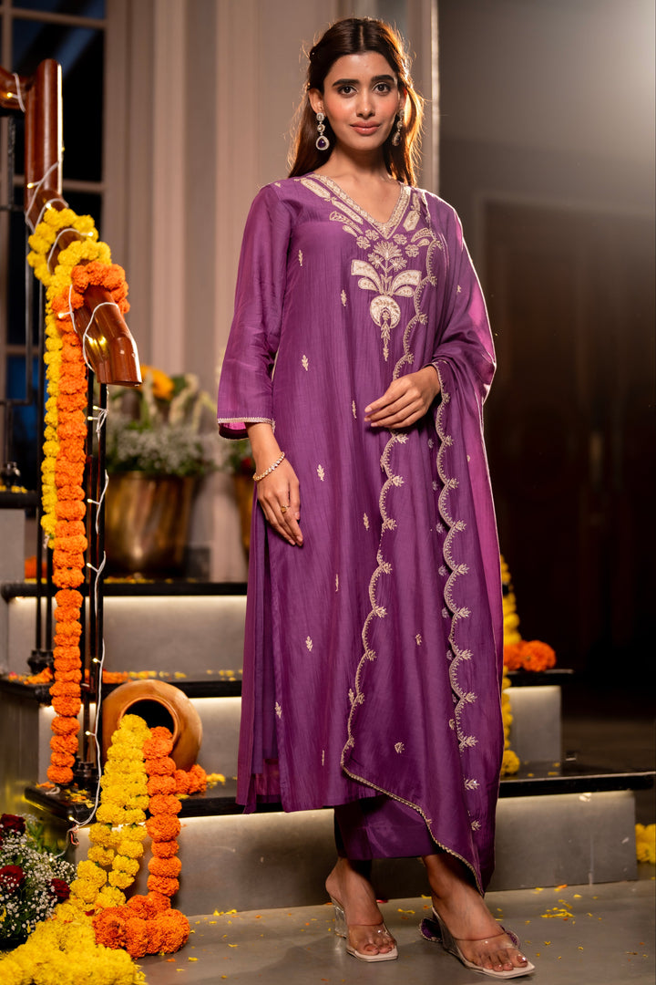 Purple Marodi with Thread Work Mul Chanderi Suit Set with Scallop Marodi Work Dupatta - SET OF-3 | SHOBITAM