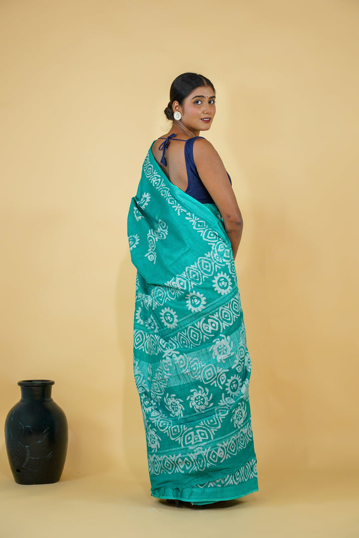 Teal Cotton Saree with Lovely Batik Print