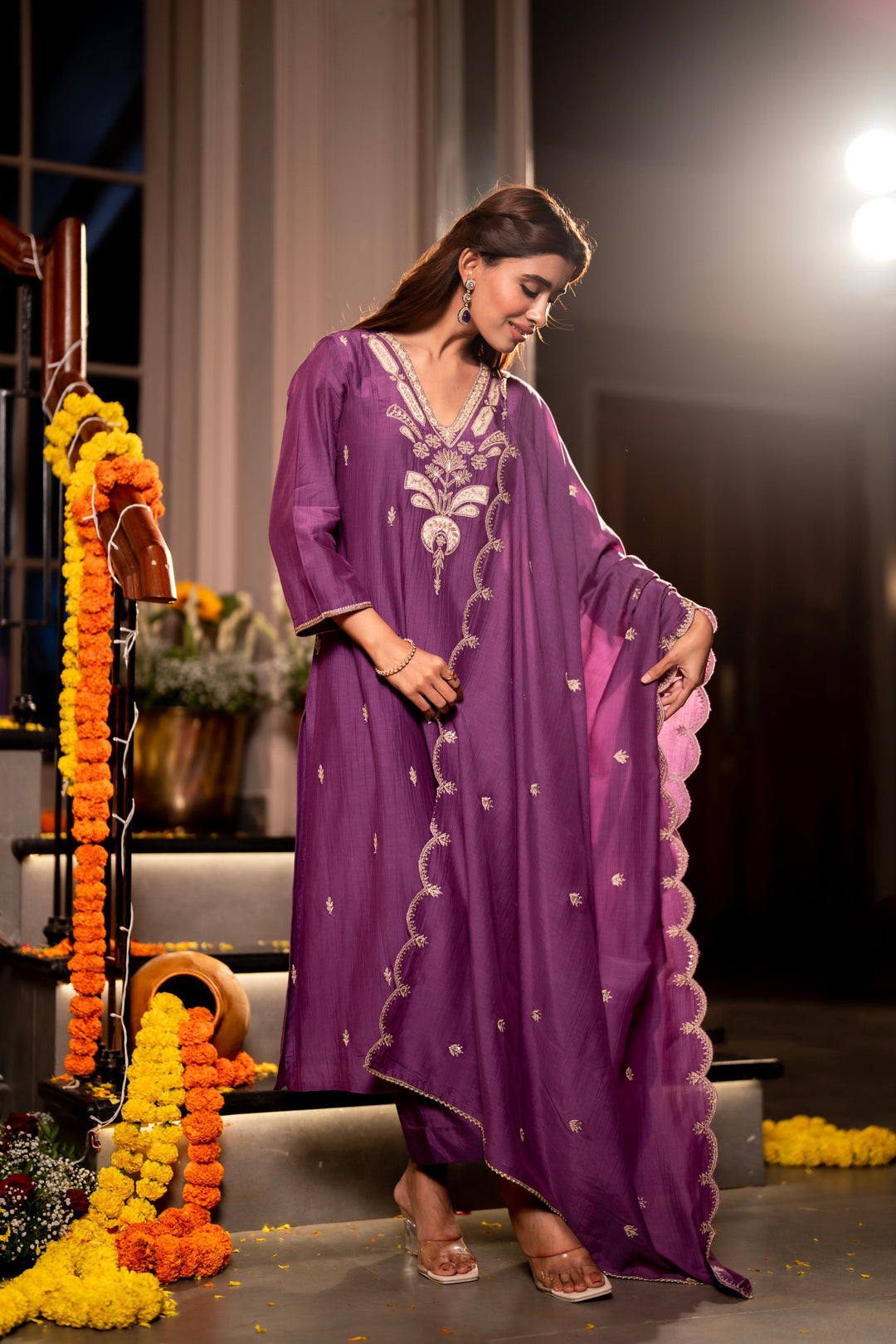 Purple Marodi with Thread Work Mul Chanderi Suit Set with Scallop Marodi Work Dupatta - SET OF-3 | SHOBITAM