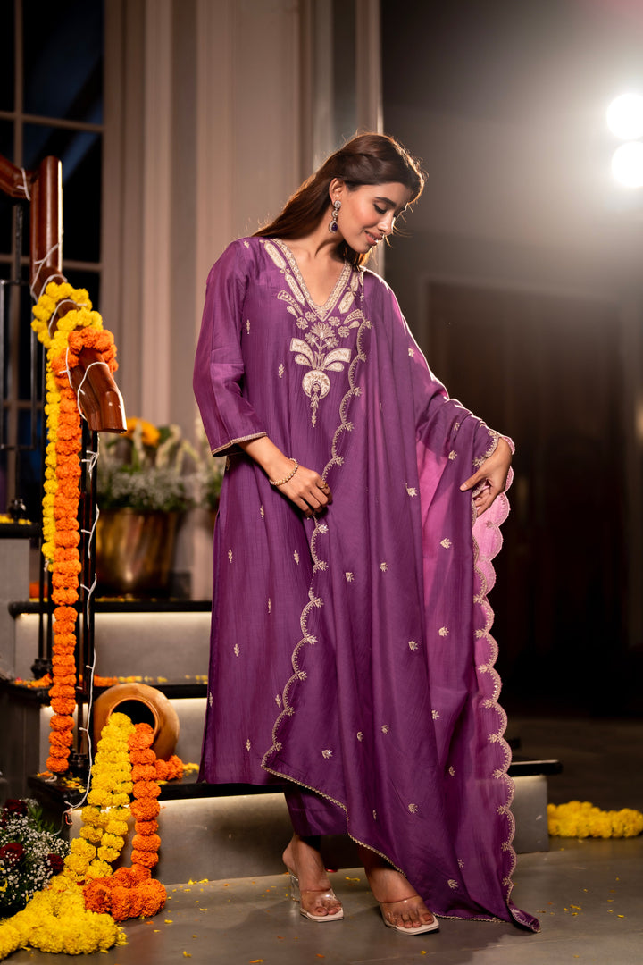 Purple Marodi with Thread Work Mul Chanderi Suit Set with Scallop Marodi Work Dupatta - SET OF-3 | SHOBITAM