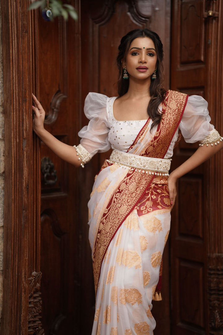 Ivory Banarasi Pure Georgette Saree with  Floral with Contrast Border  | SILK MARK CERTIFIED