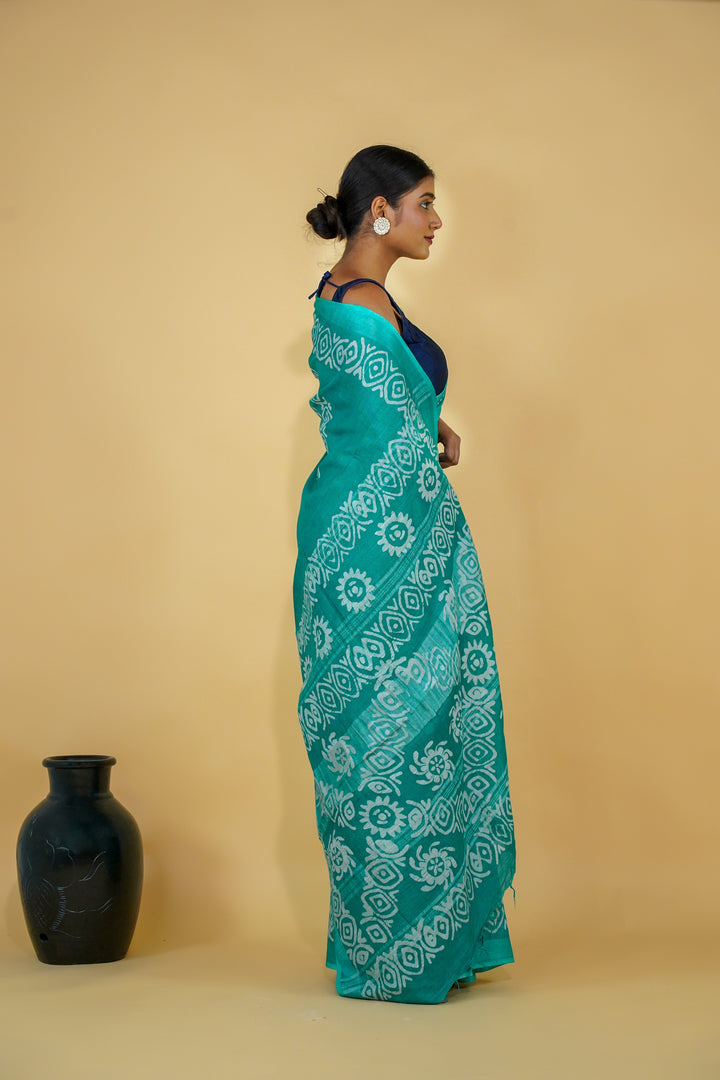 Teal Cotton Saree with Lovely Batik Print