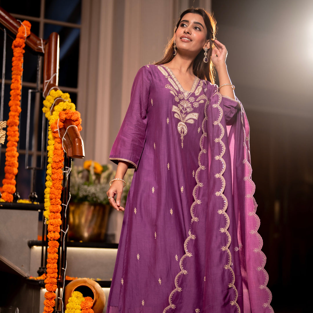 Purple Marodi with Thread Work Mul Chanderi Suit Set with Scallop Marodi Work Dupatta - SET OF-3 | SHOBITAM