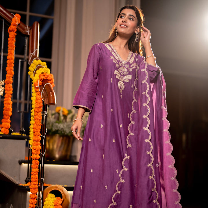 Purple Marodi with Thread Work Mul Chanderi Suit Set with Scallop Marodi Work Dupatta - SET OF-3 | SHOBITAM