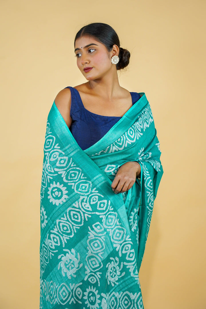 Teal Cotton Saree with Lovely Batik Print