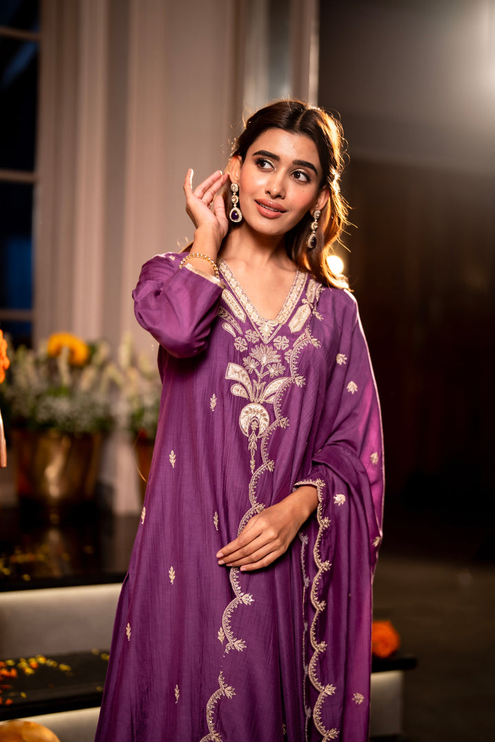 Purple Marodi with Thread Work Mul Chanderi Suit Set with Scallop Marodi Work Dupatta - SET OF-3 | SHOBITAM