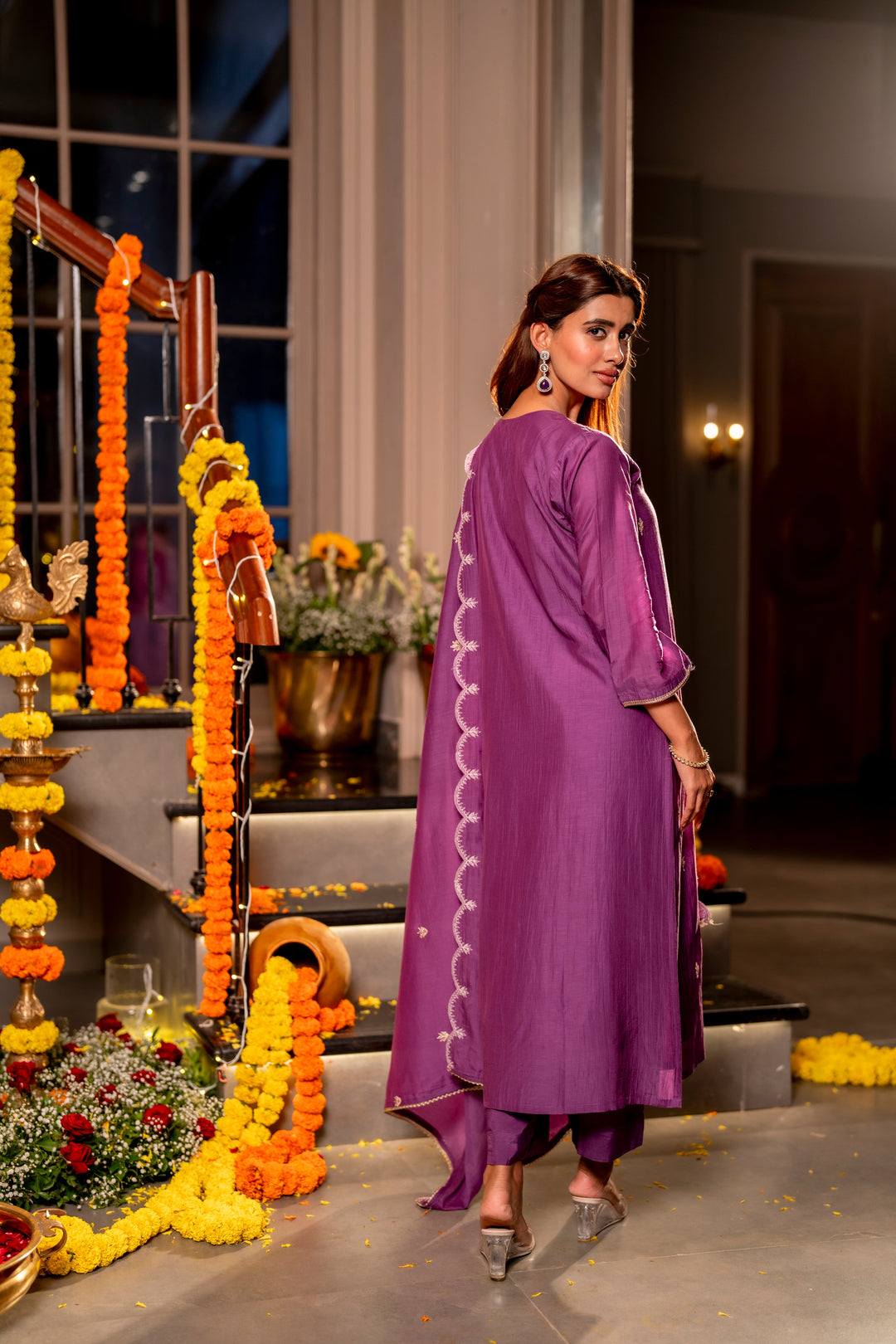 Purple Marodi with Thread Work Mul Chanderi Suit Set with Scallop Marodi Work Dupatta - SET OF-3 | SHOBITAM