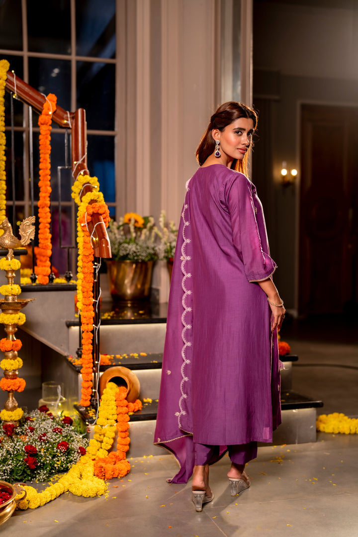 Purple Marodi with Thread Work Mul Chanderi Suit Set with Scallop Marodi Work Dupatta - SET OF-3 | SHOBITAM