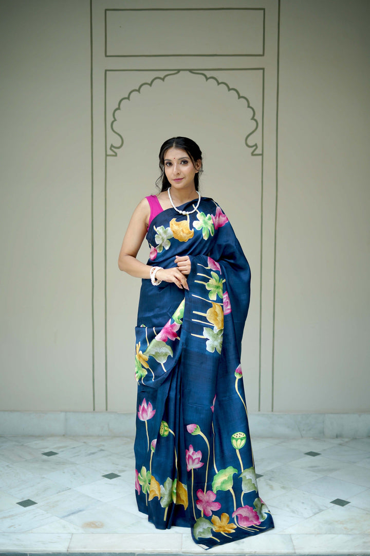 Prussian Blue Pure Handloom Tussar Silk saree with Kalamkari Pichawai Handpainted | SILK MARK CERTIFIED