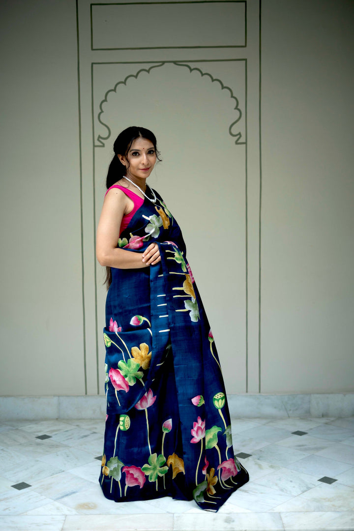 Prussian Blue Pure Handloom Tussar Silk saree with Kalamkari Pichawai Handpainted | SILK MARK CERTIFIED