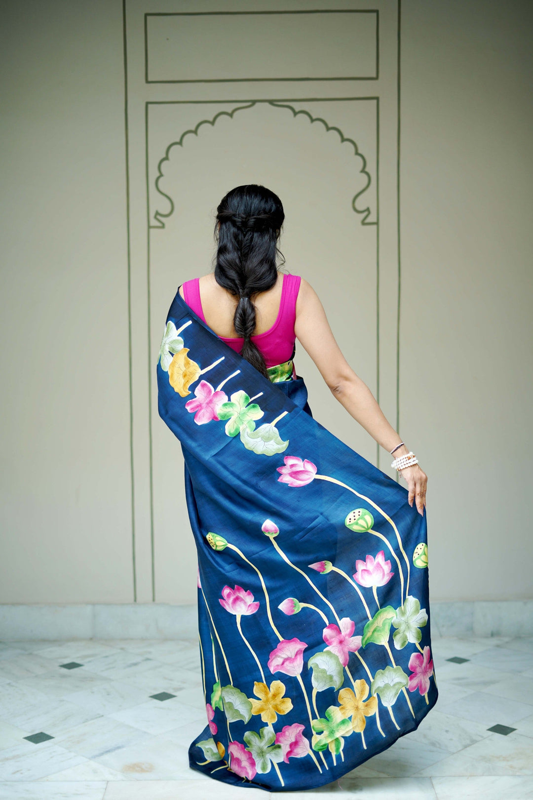 Prussian Blue Pure Handloom Tussar Silk saree with Kalamkari Pichawai Handpainted | SILK MARK CERTIFIED