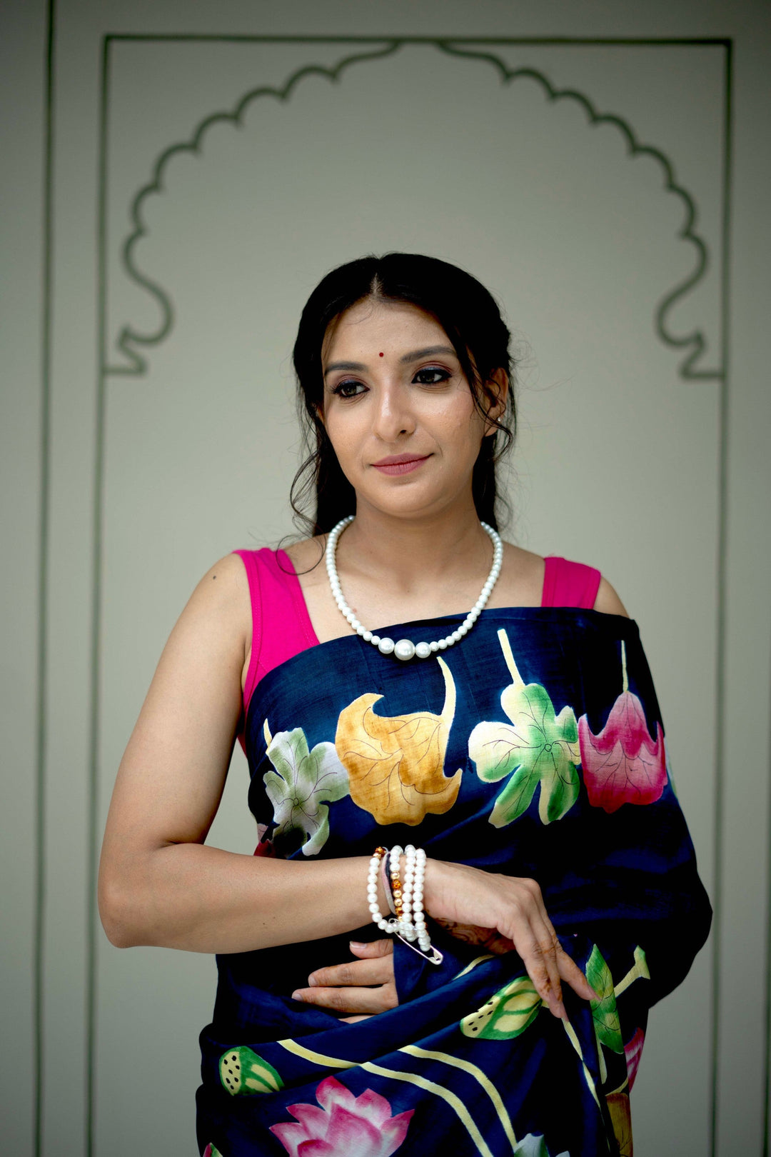 Prussian Blue Pure Handloom Tussar Silk saree with Kalamkari Pichawai Handpainted | SILK MARK CERTIFIED