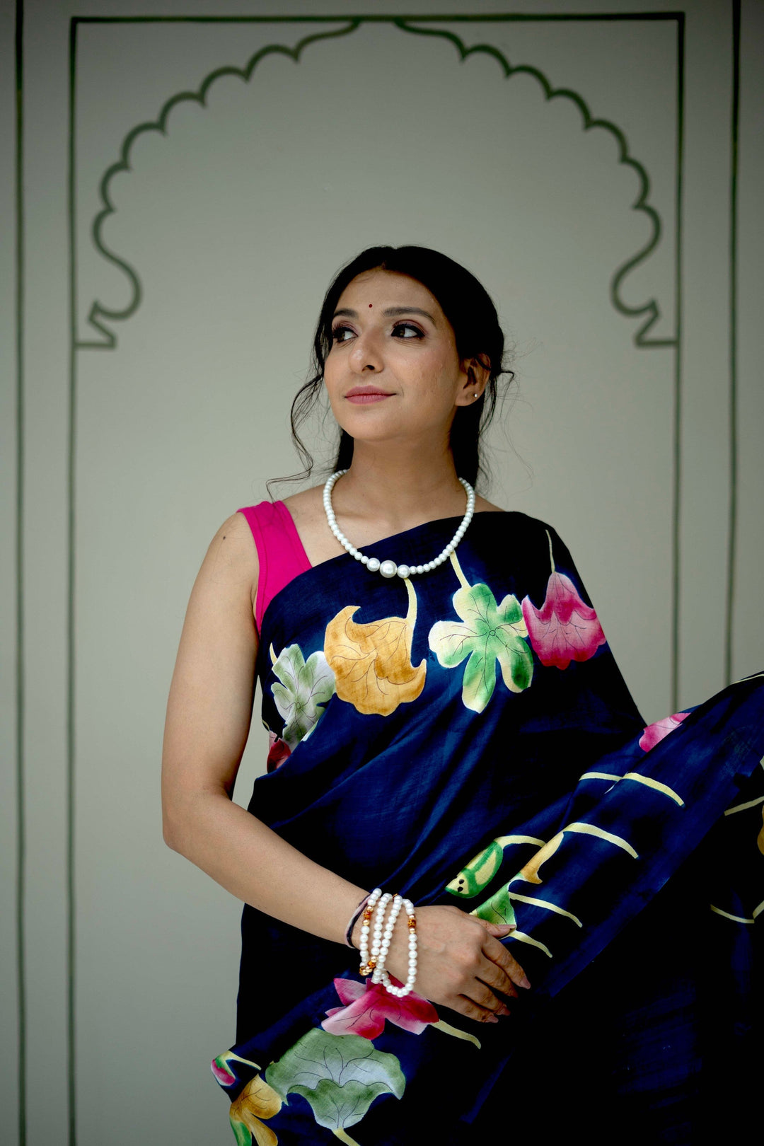 Prussian Blue Pure Handloom Tussar Silk saree with Kalamkari Pichawai Handpainted | SILK MARK CERTIFIED