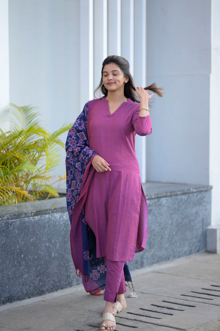 Plum 3 Piece Cotton Kurti Set | Made To Order