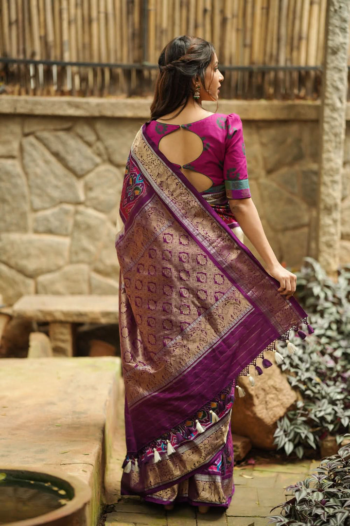 Equal Borders Stunning Ikkat Patola Kanjivaram Fusion Silk Saree with Panel design and zari border | SILK MARK CERTIFIED