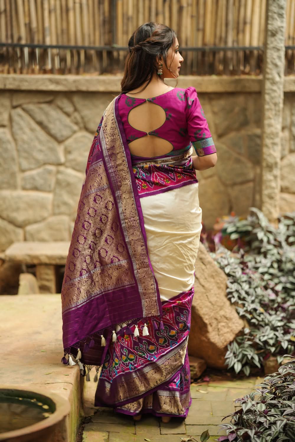 Equal Borders Stunning Ikkat Patola Kanjivaram Fusion Silk Saree with Panel design and zari border | SILK MARK CERTIFIED