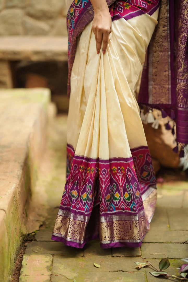 Equal Borders Stunning Ikkat Patola Kanjivaram Fusion Silk Saree with Panel design and zari border | SILK MARK CERTIFIED